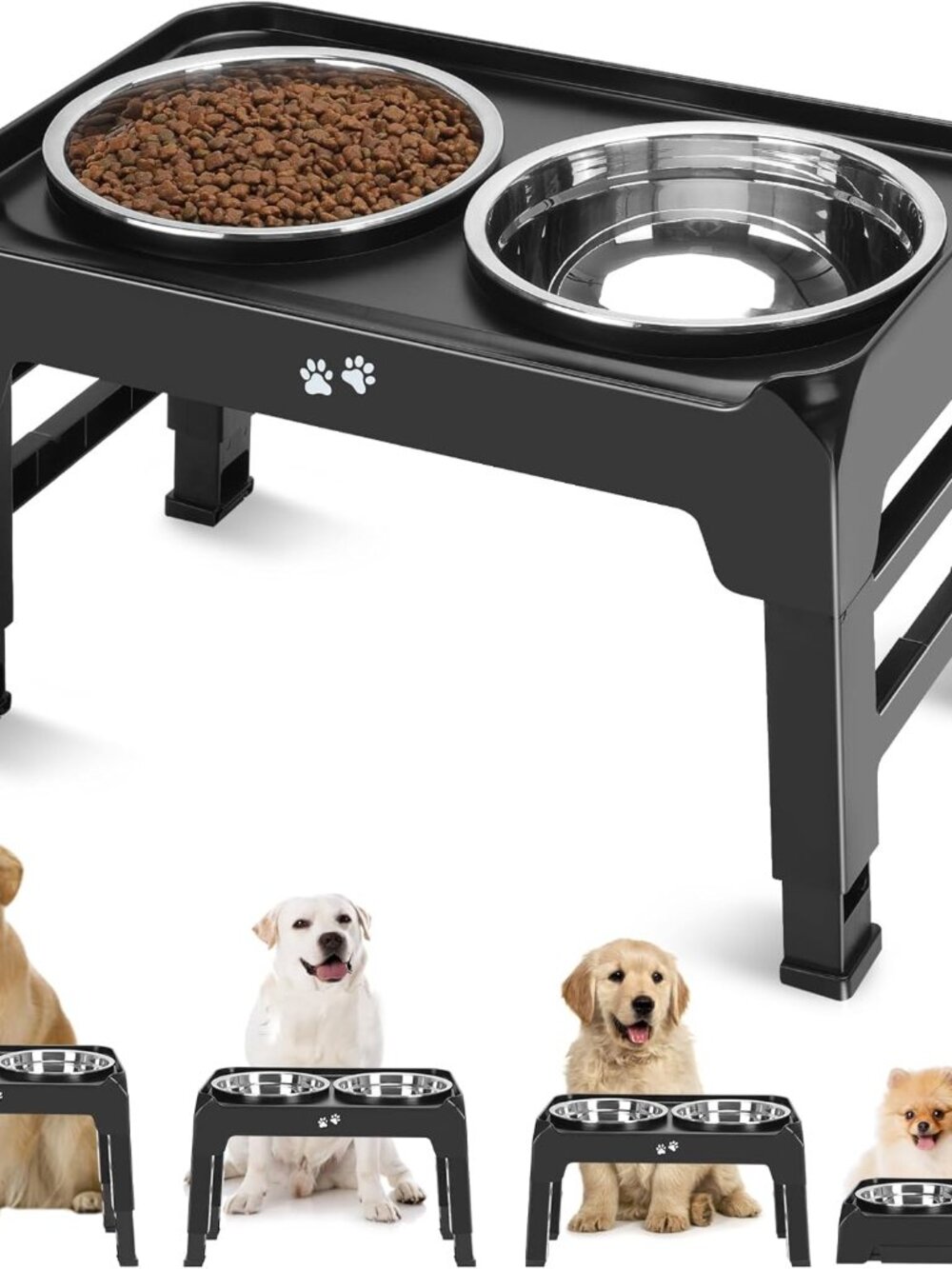 Elevated Dog Bowls, 4 Height Adjustable Raised Bowl Stand with 2 Thick 50oz Stai